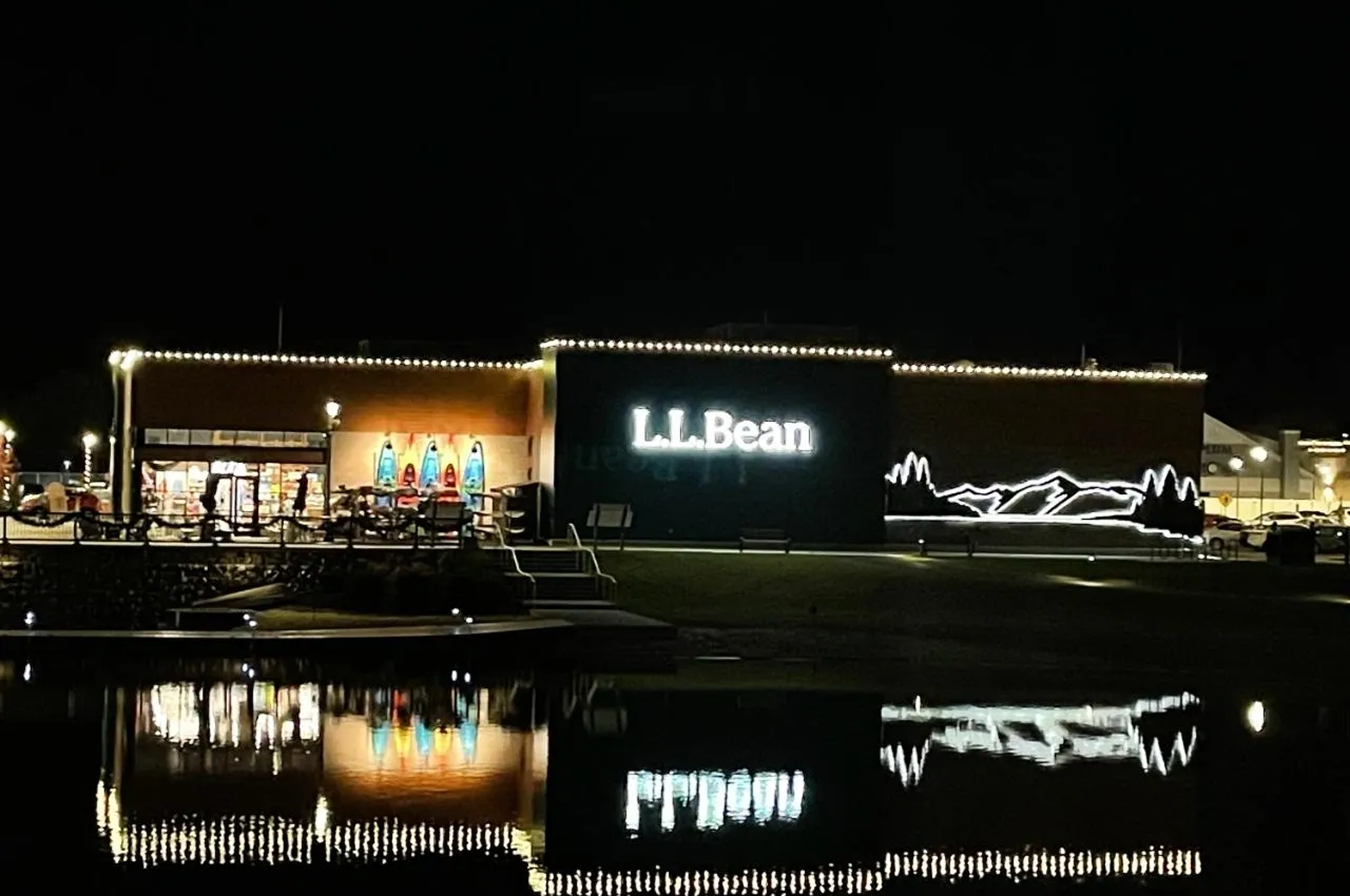 L.L. Bean store lit at night